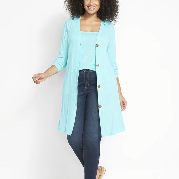 LANE BRYANT BLUE BUTTON-FRONT RIBBED DUSTER CARDIGAN - Picture 1 of 3